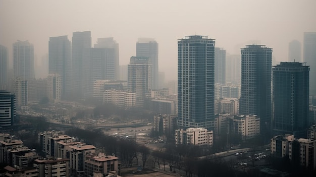 Uno skyline di una città avvolto nello smog generato dall'intelligenza artificiale