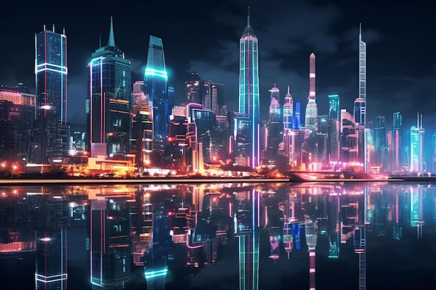 Uno skyline futuristico della città con tecnologia Cyberpunk con luci al neon