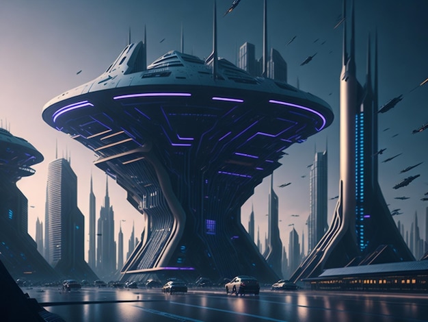 Uno skyline futuristico di una città fantascientifica con macchine volanti e cartelloni pubblicitari olografici
