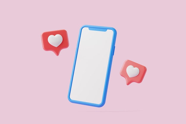 Uno smartphone a schermo vuoto circondato da icone di reazione del cuore rosso su uno sfondo rosa