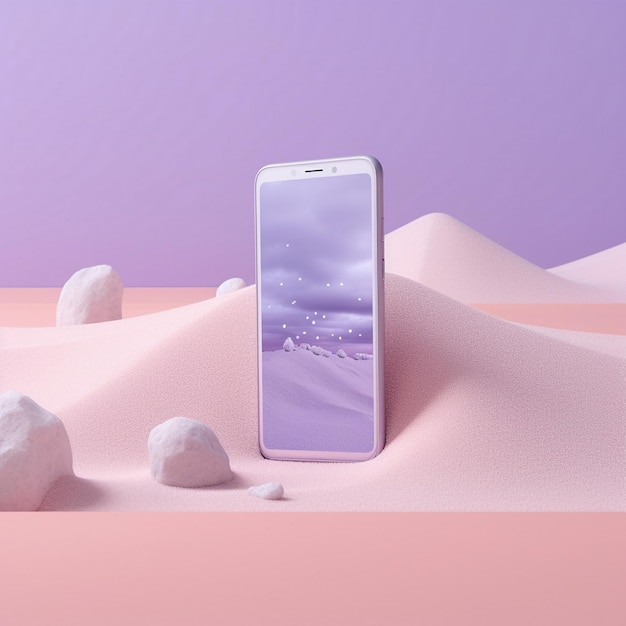 uno smartphone bianco con una copertina viola e uno sfondo viola con un posto per il testo.
