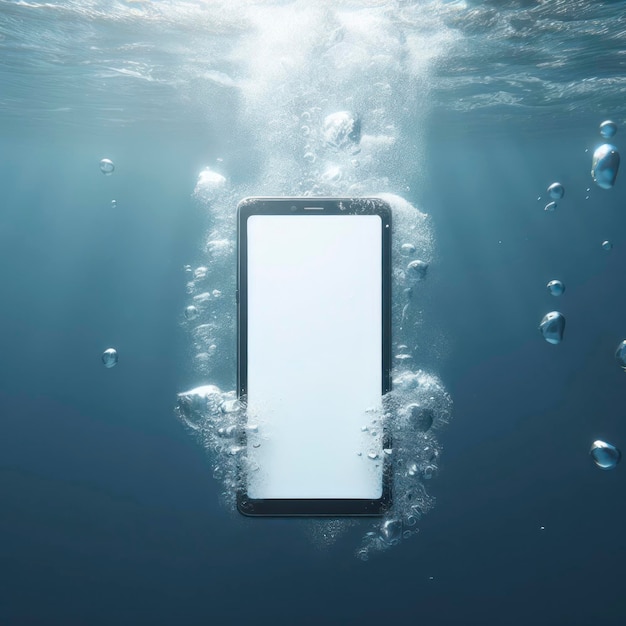 uno smartphone con un mockup dello schermo bianco sotto l'acqua ai generativo