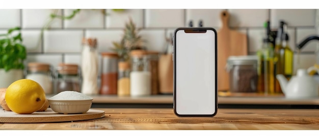 Uno smartphone moderno con uno schermo vuoto in piedi su un bancone di cucina in legno con gli ingredienti