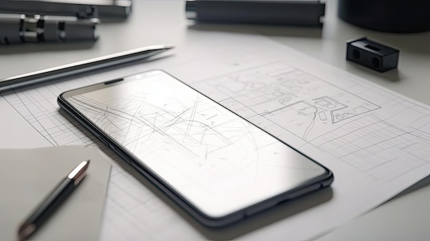 Uno smartphone su un tavolo con sopra il disegno di un edificio e una penna.