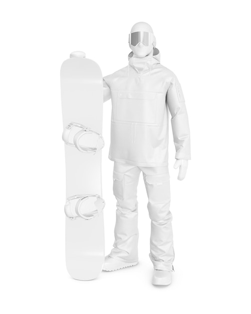 uno snowboarder bianco con Board Mockup Front View isolato su uno sfondo bianco