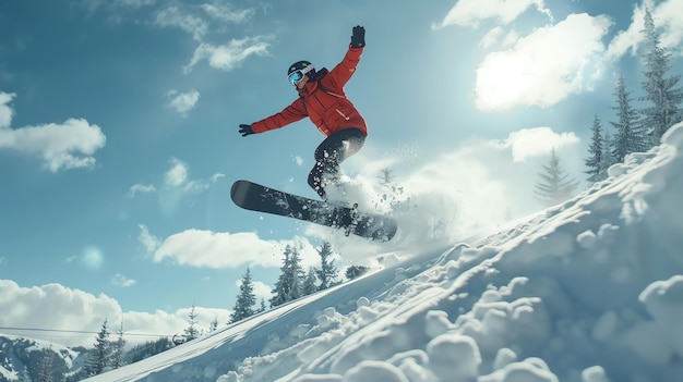 Uno snowboarder salta da una montagna innevata