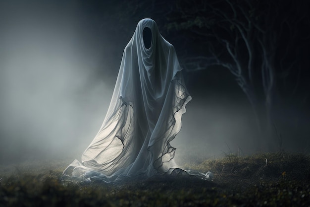 Uno spaventoso spirito fantasma di Halloween retroilluminato in una notte buia generativa ai