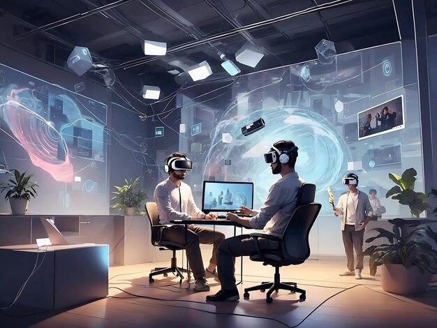 uno spazio di lavoro di realtà virtuale in cui colleghi remoti interagiscono in un ambiente virtuale condiviso