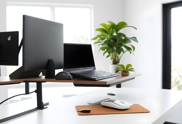 Uno spazio di lavoro moderno con due monitor per computer, uno montato su un braccio e un portatile su un supporto