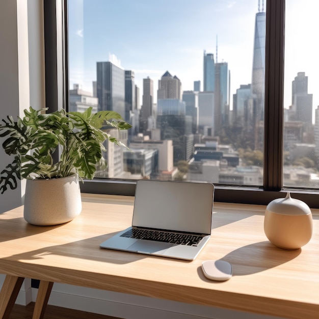 Uno spazio di lavoro moderno e minimalista con un laptop, una pianta e una bottiglia d'acqua sulla scrivania Generative Ai