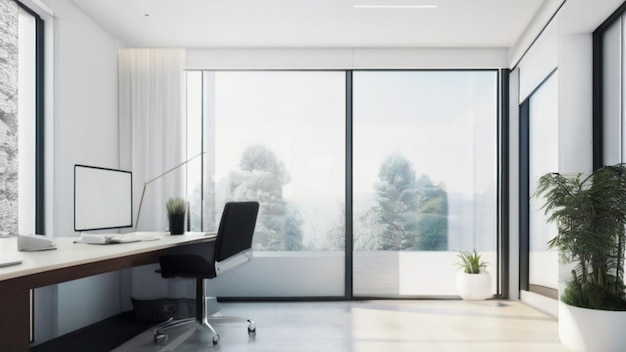 Uno spazio per uffici elegante e moderno con linee pulite e arredamento minimalista con una grande finestra