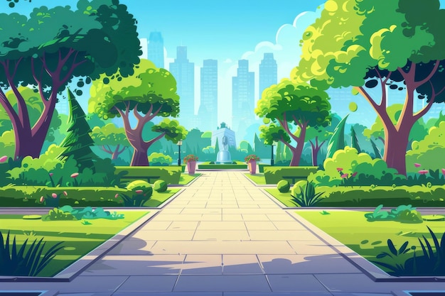 Uno spazio pubblico vuoto per passeggiate e ricreazione con alberi verdi e prati sullo sfondo del paesaggio urbano Illustrazione moderna di cartoni animati