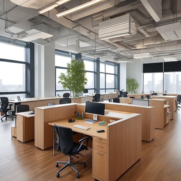 Uno spazio ufficio moderno con scrivanie ergonomiche, accenti vibranti e luce naturale generata dall'intelligenza artificiale
