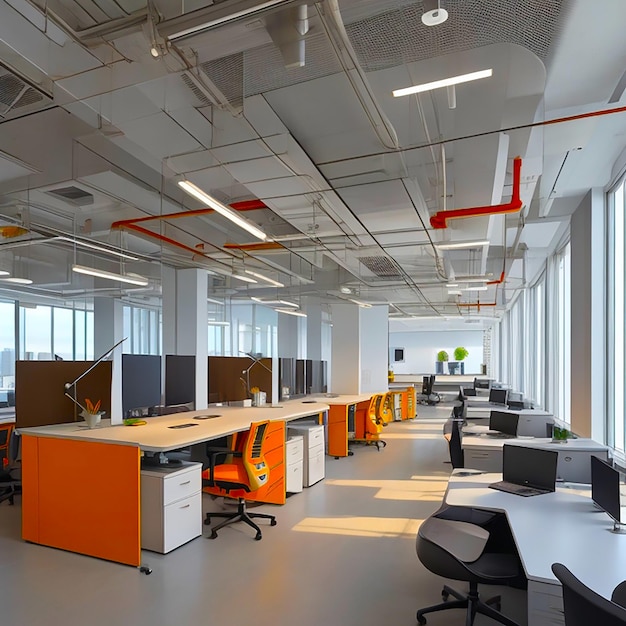 Uno spazio ufficio moderno con scrivanie ergonomiche, accenti vibranti e luce naturale generata dall'intelligenza artificiale