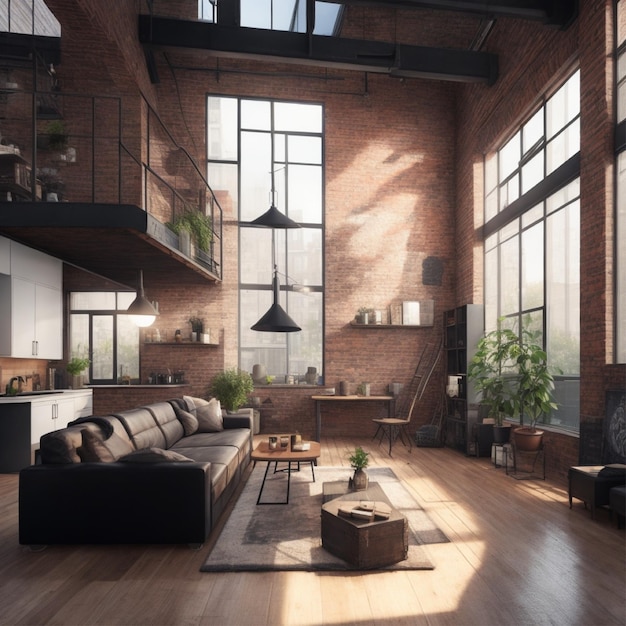 Uno spazioso appartamento loft con elementi industriali, casa di design di lusso in mattoni a vista