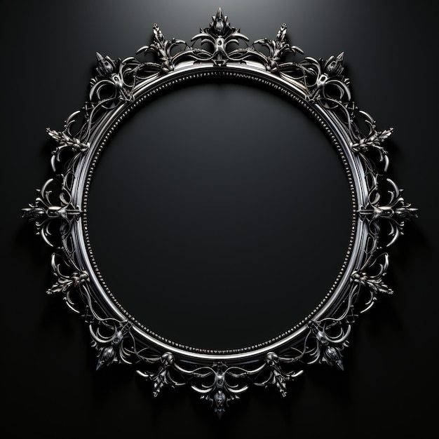 Uno specchio con cornice argentata e sfondo nero