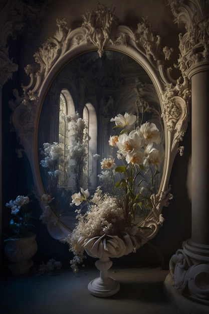 Uno specchio con dentro dei fiori che si trova su un tavolo.