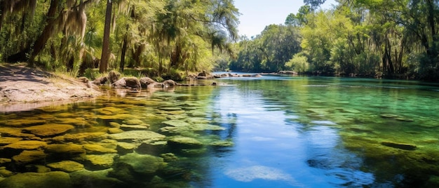 uno specchio d'acqua circondato da alberi e rocce