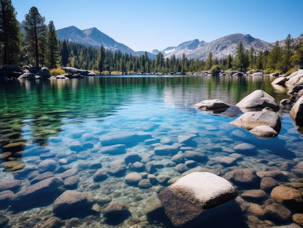 uno specchio d'acqua circondato da rocce e alberi