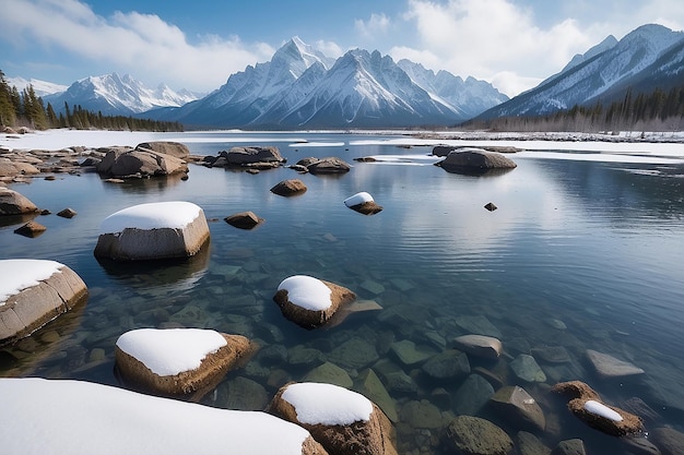 Uno specchio d'acqua con neve sulle rocce e montagne sullo sfondo