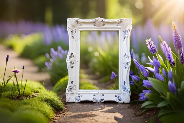 Uno specchio incorniciato in un giardino di fiori viola.