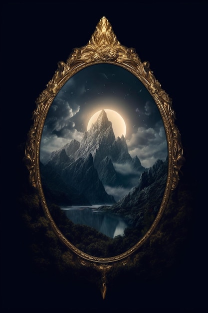 Uno specchio mistico con cornice si trova davanti alle montagne