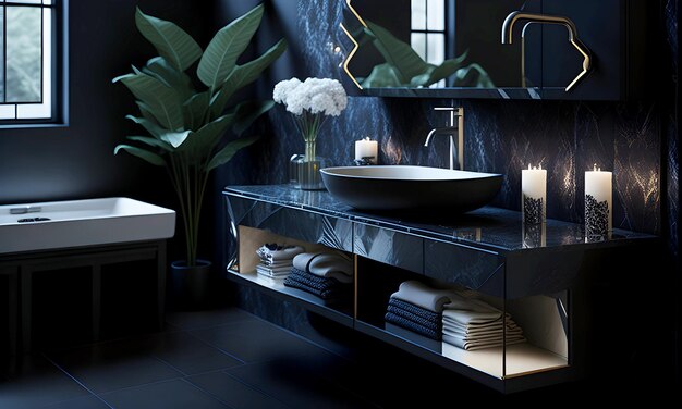 Uno specchio moderno e un armadietto per il lavandino in un bagno elegante