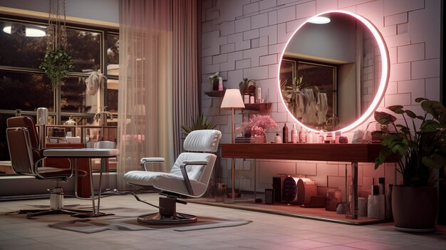 uno specchio rotondo è sopra un tavolo e una sedia è mostrata con una luce rosa