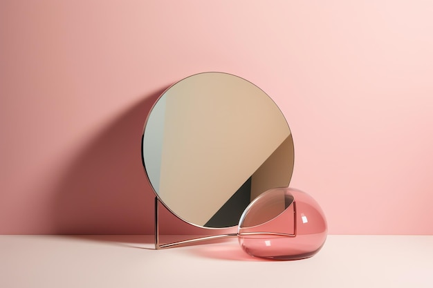Uno specchio rotondo si trova su una superficie rosa accanto a uno specchio rotondo.