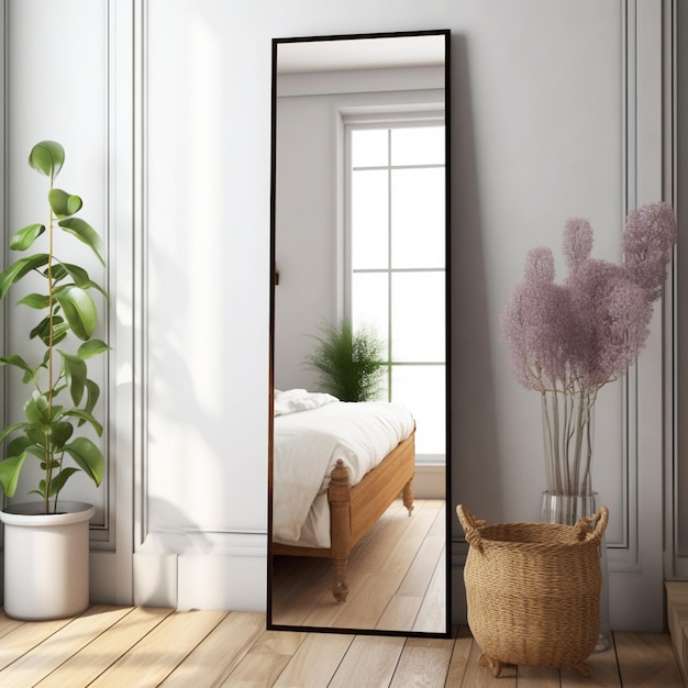 Uno specchio su un muro con sopra una pianta e sopra una pianta.