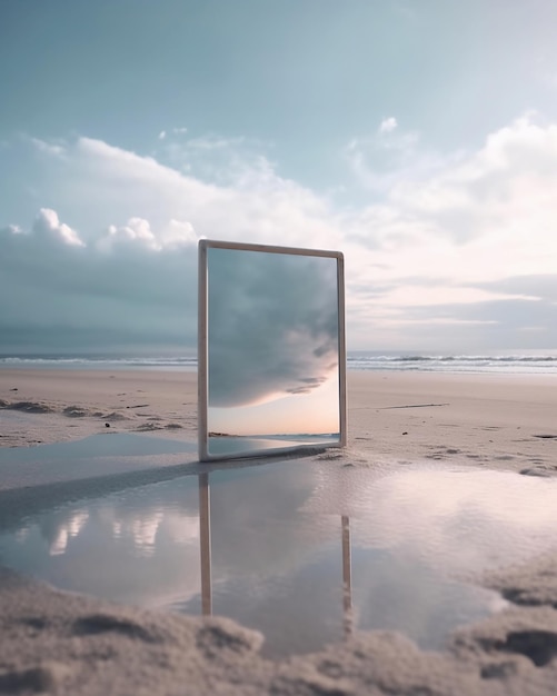 Uno specchio sulla spiaggia con un cielo nuvoloso sullo sfondo