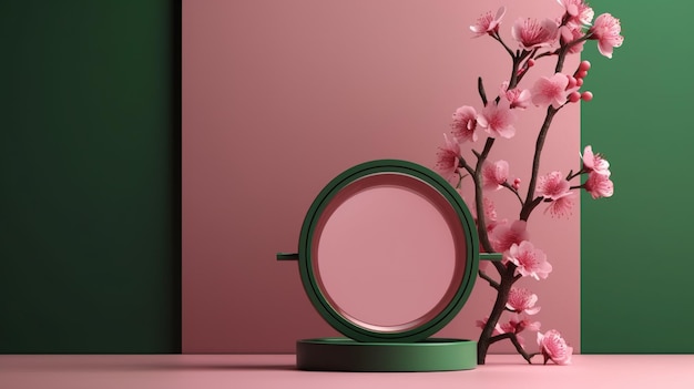 Uno specchio verde con fiori rosa sul lato