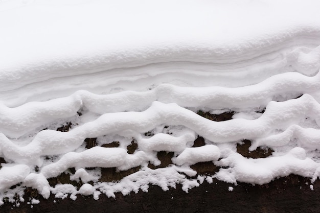 uno spesso strato di neve che blocca la ripida sponda del fiume