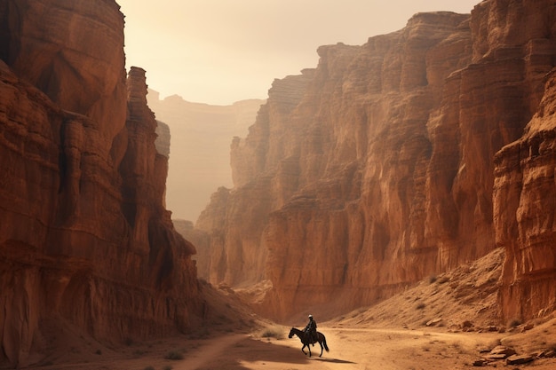 Uno spettacolare canyon nel deserto con cavalieri a cavallo 00118 01