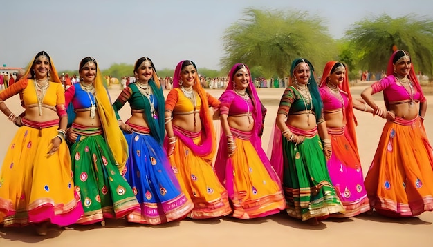 Uno spettacolo di danza popolare del Rajasthan con donne in ghagras e odhni colorati