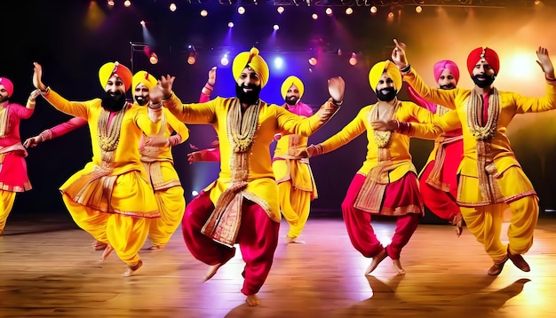 Uno spettacolo di danza Punjabi Bhangra durante una vivace celebrazione