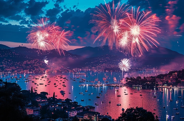 uno spettacolo di fuochi d'artificio colorati su un lago e una città