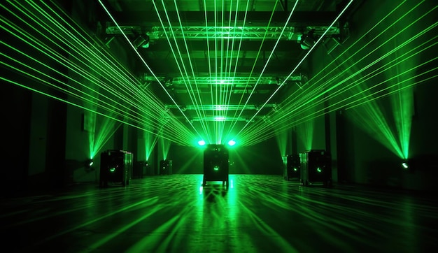Uno spettacolo laser verde è allestito in una stanza buia con un palco e luci sul muro.