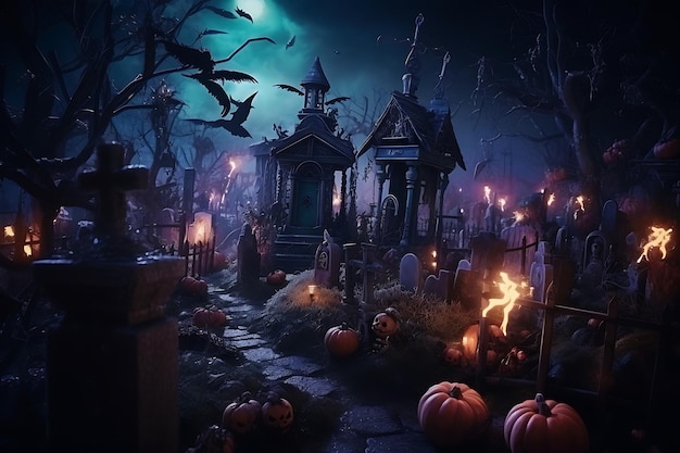 uno spettrale cimitero di Halloween con zucche sullo sfondo