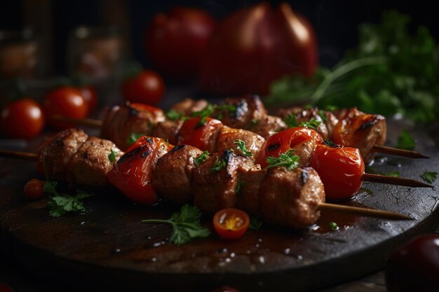 Uno spiedino di carne su una tavola nera con sopra dei pomodori e un pomodoro rosso