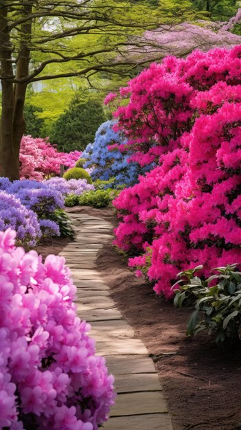 Uno splendido giardino primaverile con fiori rosa e viola vivaci in piena fioritura