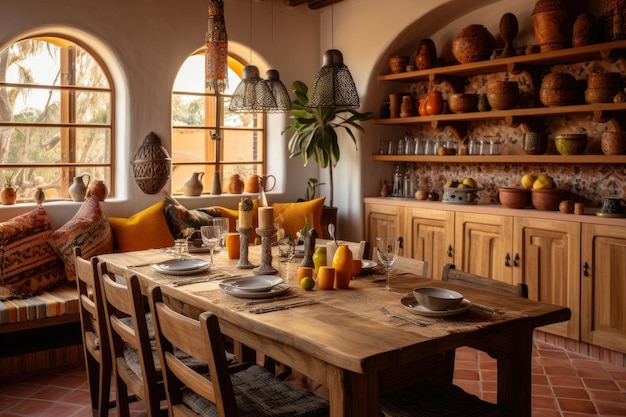 Uno splendido interno di una sala da pranzo boema mediterranea adornato con caldi toni terrestri