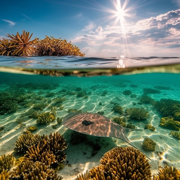 Uno sprazzo di sole di una barriera corallina è visibile sopra l'acqua.
