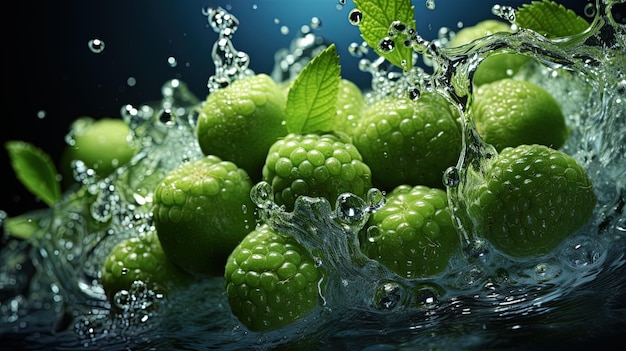 uno spruzzo d'acqua con frutta verde e una foglia verde