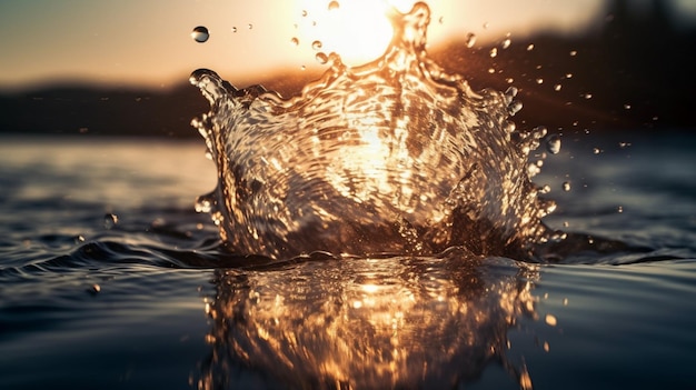 Uno spruzzo d'acqua con il sole che tramonta dietro di esso