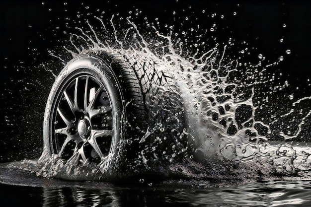 Uno spruzzo d'acqua contro il pneumatico di un'auto