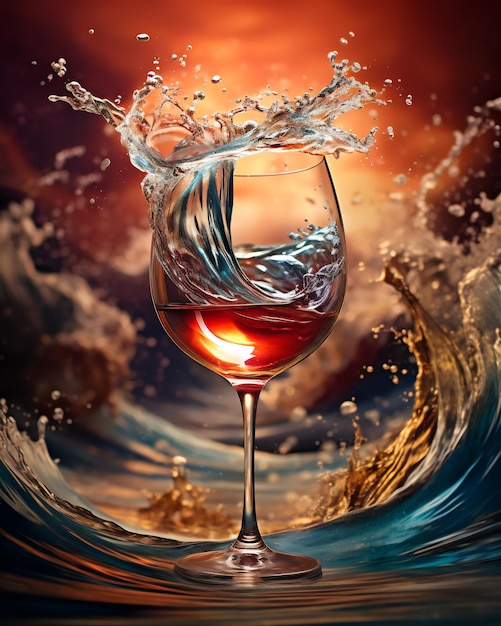 Uno spruzzo d'acqua da un bicchiere di vino con la parola'su di esso.