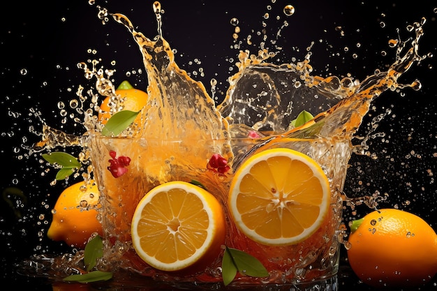 Uno spruzzo di arancia con succo e succo d'arancia su uno sfondo trasparente