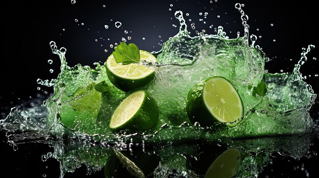 uno spruzzo di lime viene creato da un spruzzo d'acqua in una piscina di lime verdi