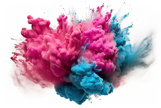 uno spruzzo di polvere di colore blu e rosa esplosione su bianco nello stile di scuro e verde